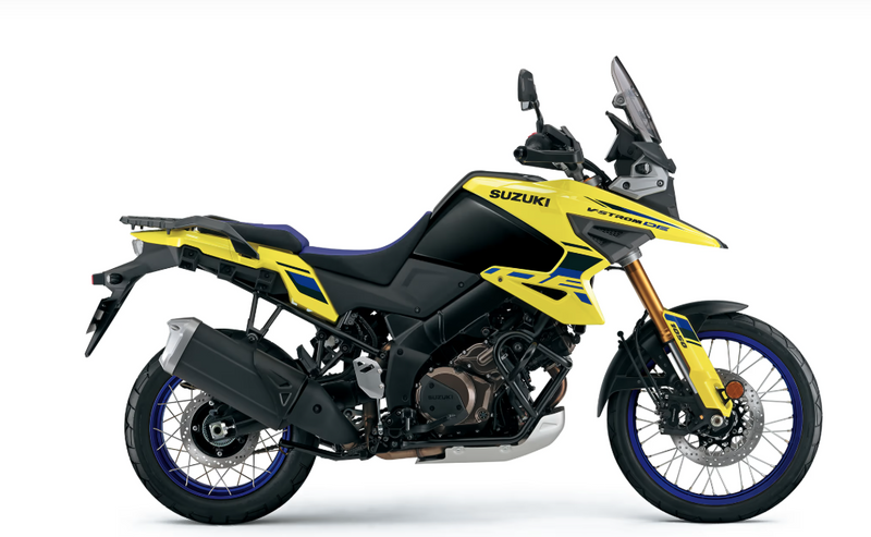 Load image into Gallery viewer, A Suzuki 2025 Suzuki V-Strom 1050 RJ motorcycle in yellow and black, shown from a side profile view against a plain white background.