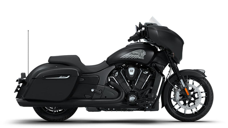 Load image into Gallery viewer, A black 2026 Indian Chieftain Dark Horse motorcycle with a large windshield, saddlebags, and a tall antenna, shown in profile against a white background.