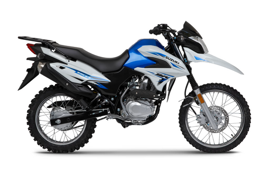2026 Suzuki DR 150 motorcycle with blue and white design on a white background