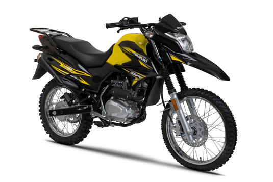 A 2026 Suzuki DR 150 motorcycle in black and yellow, photographed from a three-quarters front angle on a clean white background.