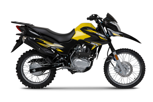 A Suzuki DR motorcycle with a black and yellow color scheme, featuring knobby off-road tires, a high windscreen, and a black seat, shown from a side profile on a white background.