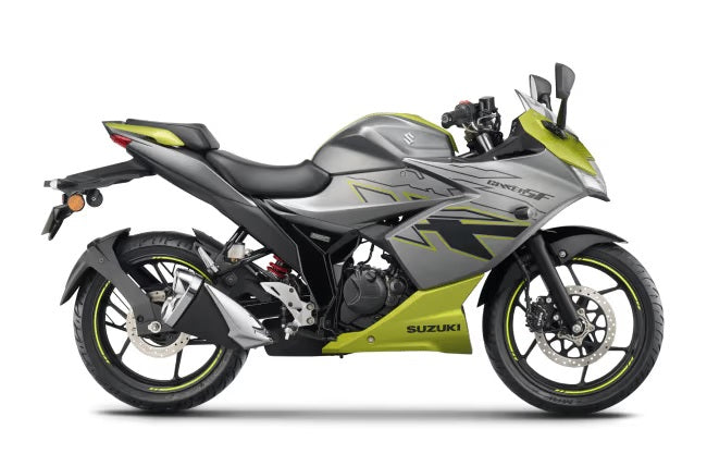 Load image into Gallery viewer, Grey/Green 2025 Suzuki GSX 150 F LAMS Faired motorcycle in metallic gray and lime green, shown from a side profile view against a plain white background.
