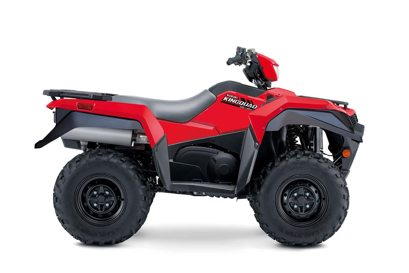 Load image into Gallery viewer, A red and black 2026 Suzuki KingQuad 750 Power Steer four-wheeler ATV shown from a side profile view on a clean white background.
