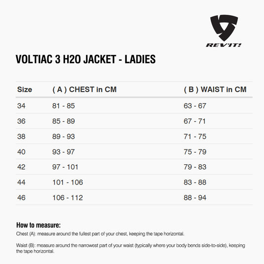 Size chart for REVIT Voltiac 3 H2O Jacket - Ladies