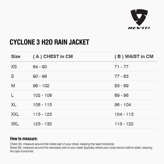 Size chart for REVIT Cyclone 3 H2O Rain Jacket