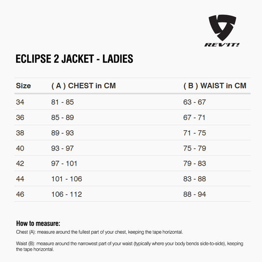 Size chart for REVIT Eclipse 2 Jacket - Ladies