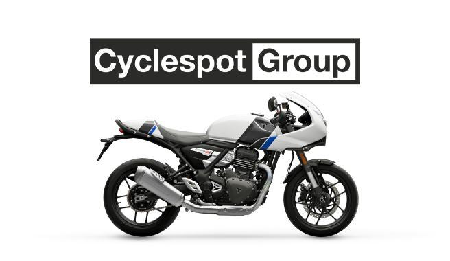 Load image into Gallery viewer, 2026 Triumph Thruxton 400 in Pearl Metallic White/Storm Grey cafe racer motorcycle with Cyclespot Group logo above it on a white background
