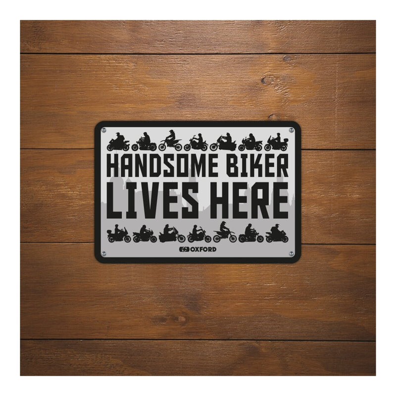 Load image into Gallery viewer, Oxford Garage Metal Sign: Handsome Biker Lives Here

