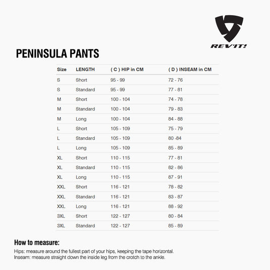 Size chart for REVIT Peninsula Pants