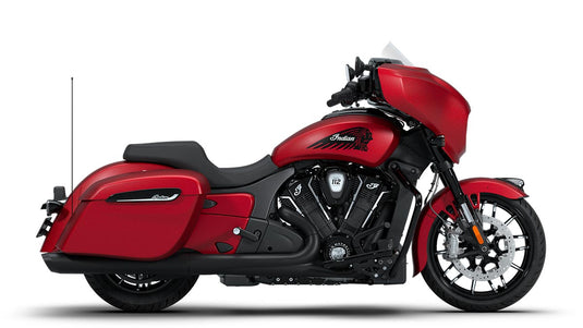 A red and black 2026 Indian Chieftain Dark Horse cruiser motorcycle shown from a side profile view against a plain white background.