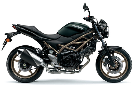 A green and black 2025 Suzuki SV 650 A motorcycle with a treble-cradle frame and bronze-colored wheels, shown in a side profile on a white background.