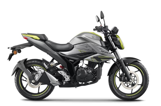Load image into Gallery viewer, A 2025 Suzuki GSX 150 LAMS motorcycle in Grey and Green, shown from a side profile view against a plain white background.
