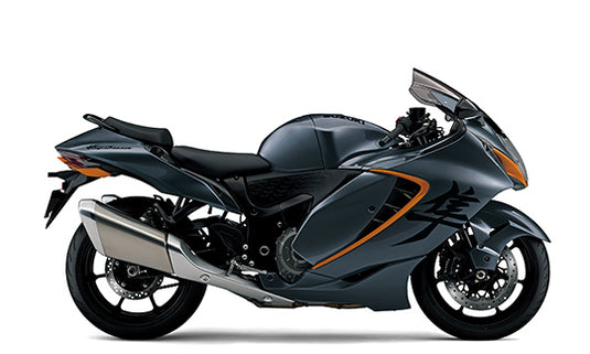 A 2026 Suzuki Hayabusa GSX 1300 RR in Grey with gold accents, shown in a side profile on a white background.
