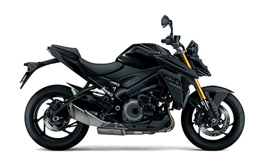 Load image into Gallery viewer, A black 2026 Suzuki GSX-S 1000 RQ motorcycle with gold front fork accents, shown from a side profile view against a plain white background.
