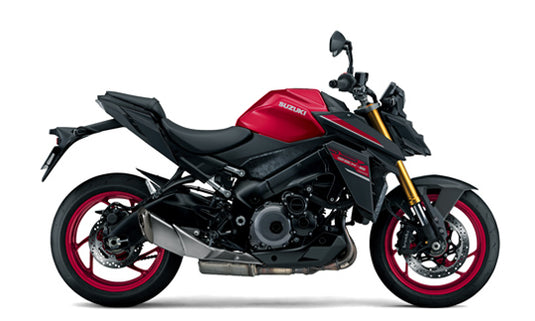 2026 Suzuki GSX-S 1000 RQ motorcycle in Candy Daring Red in a side profile view, featuring a black body with a vibrant red fuel tank, red wheel rims, and gold front fork accents, set against a plain white background.