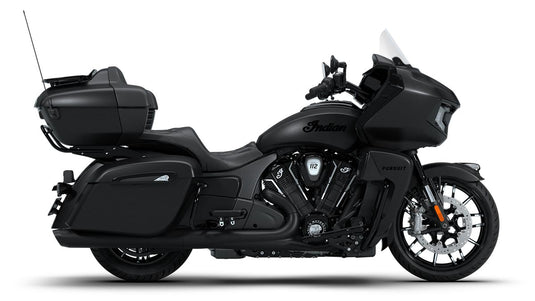 Black 2026 Indian Pursuit Dark Horse motorcycle on a white background