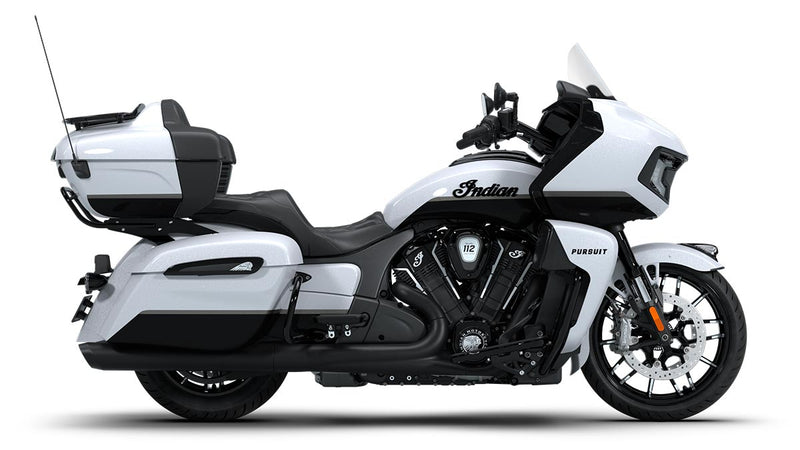 Load image into Gallery viewer, A white and black 2026 Indian Pursuit Dark Horse motorcycle shown from a side profile view against a plain white background.
