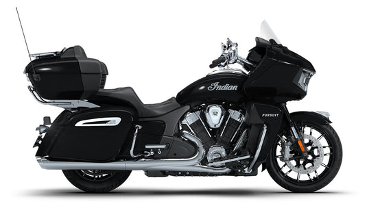 A black 2026 Indian Roadmaster Limited touring motorcycle with chrome accents, side storage cases, and a windshield, shown in a side profile on a white background.