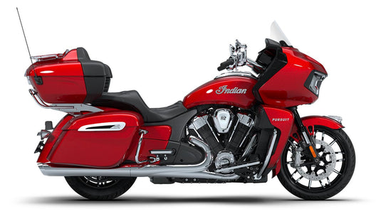 A Sunset Red Metallic Indian Pursuit motorcycle with black and silver components, shown in a side profile on a white background.
