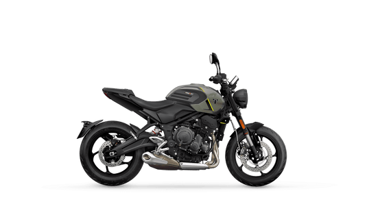 A side profile view of a Stone Grey 2026 Triumph Trident 660 LAMS motorcycle with a small yellow accent on the fuel tank, set against a solid white background.